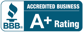 A blue sign that says accredited business a+ rating