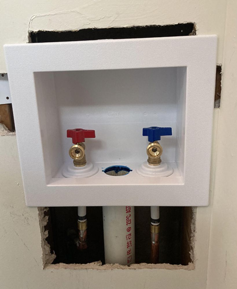 A white box with red and blue valves in it