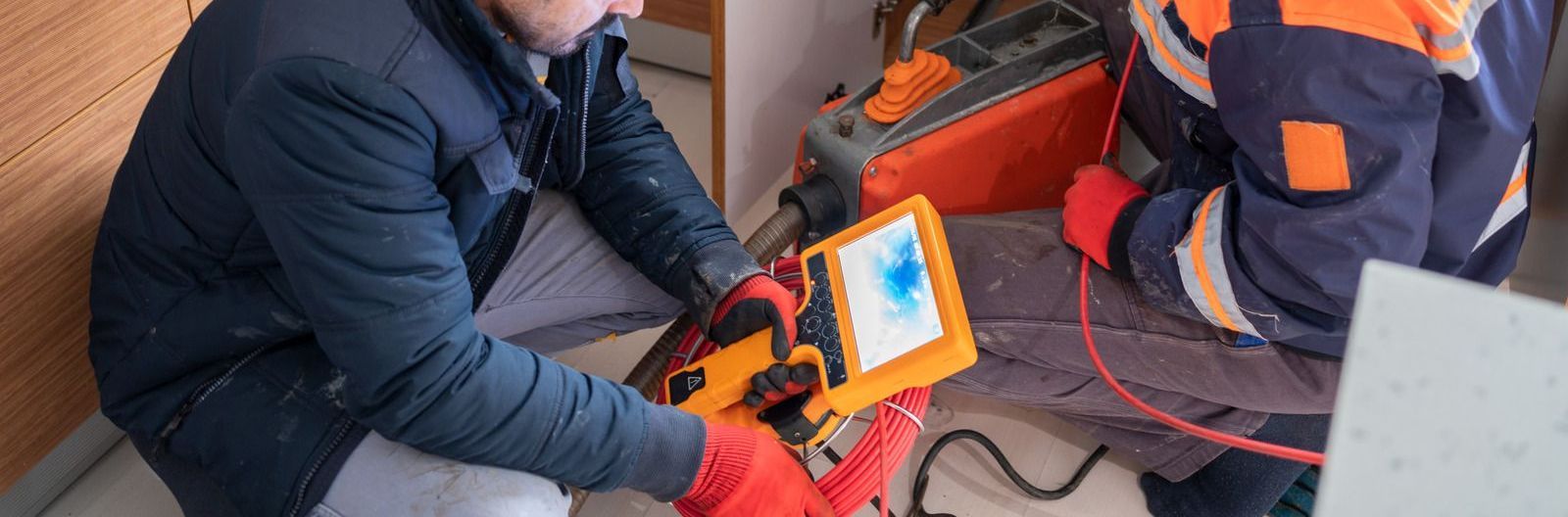 Two workers using electrical testing equipment indoors. One kneels, wearing red gloves and a dark jacket. The other wears a blue and orange work suit.