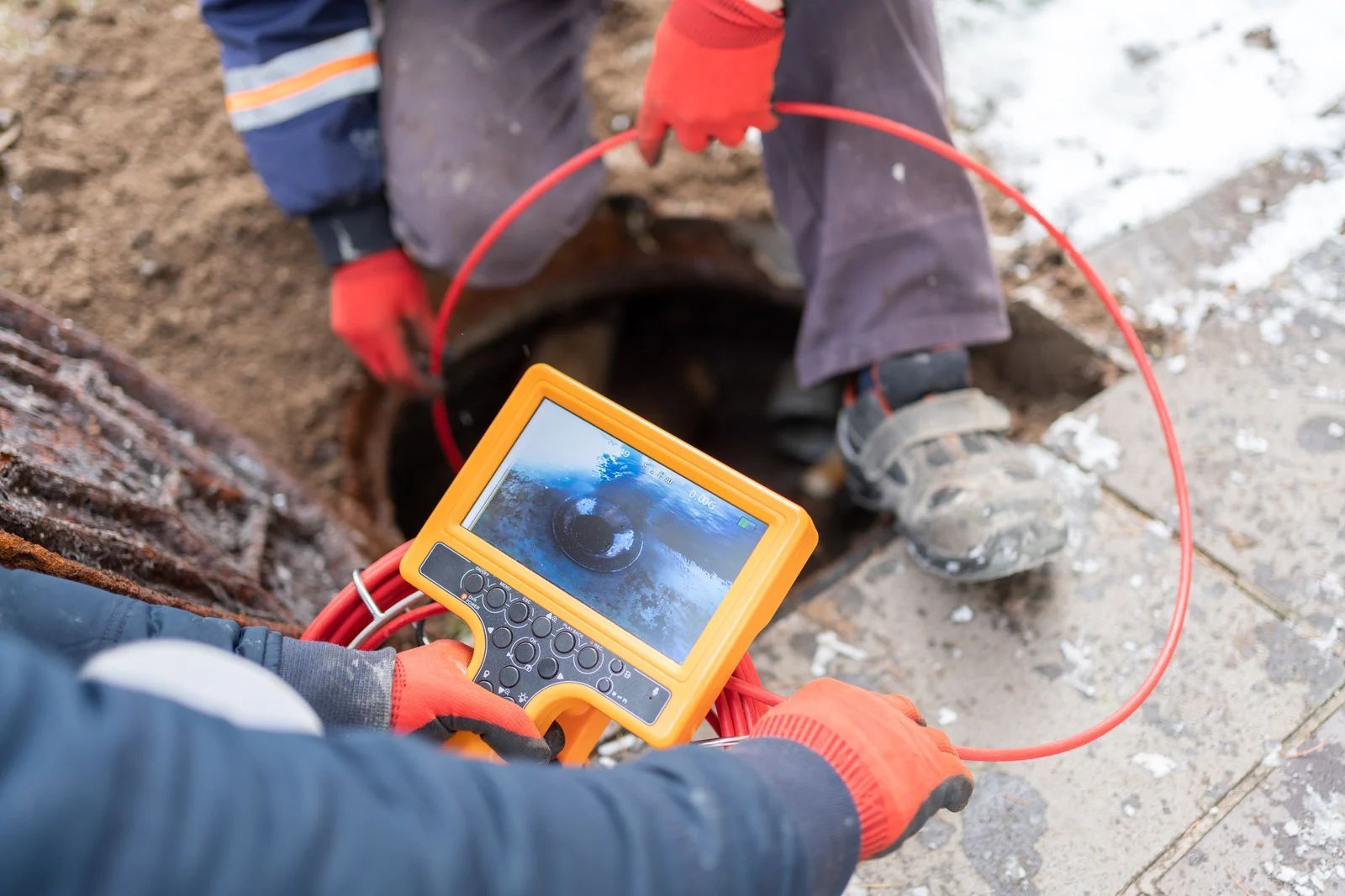 Workers use a camera to inspect a sewer, holding the monitor and cable over an open manhole.