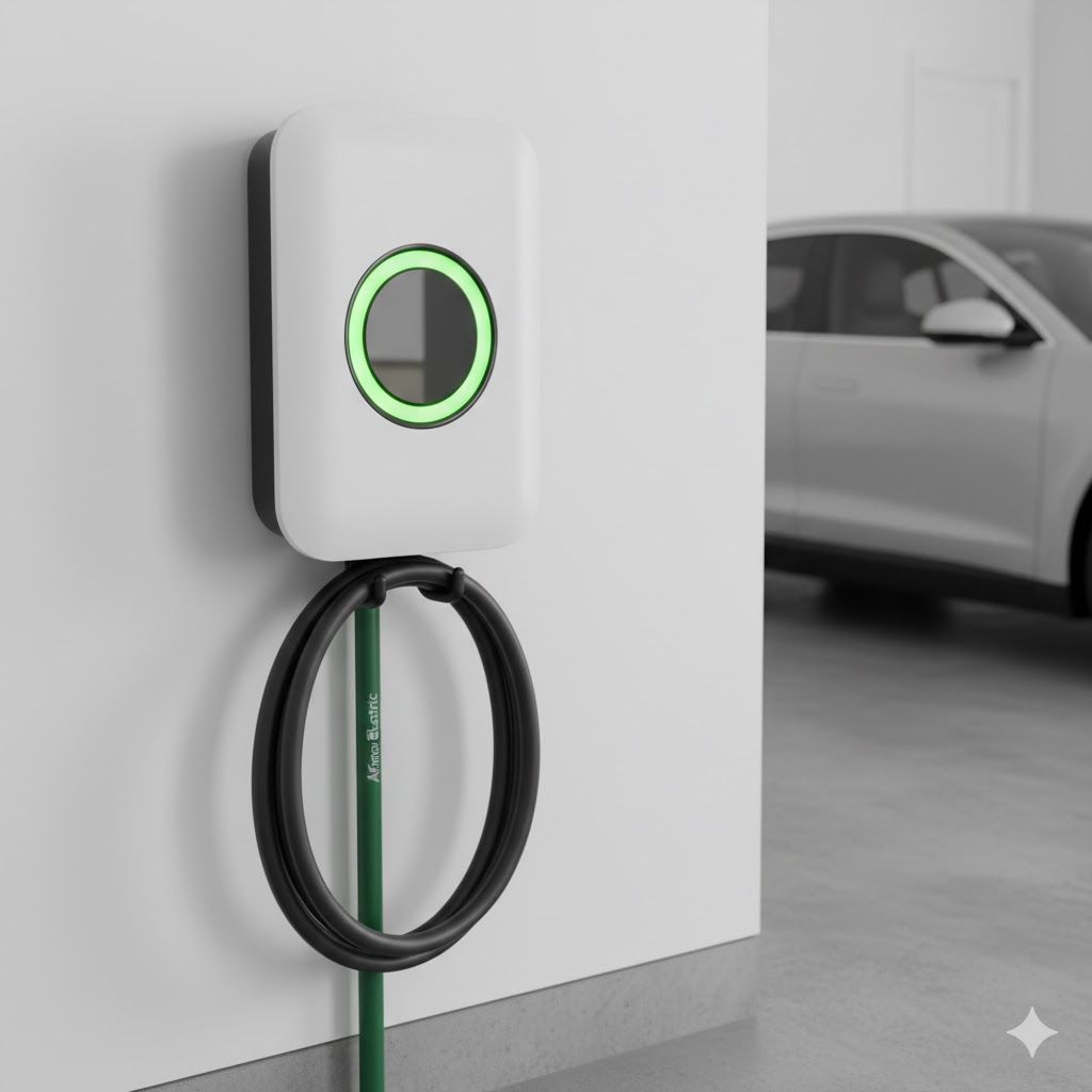 EV charger on a wall with a charging cable looped below, a gray car is in the background.