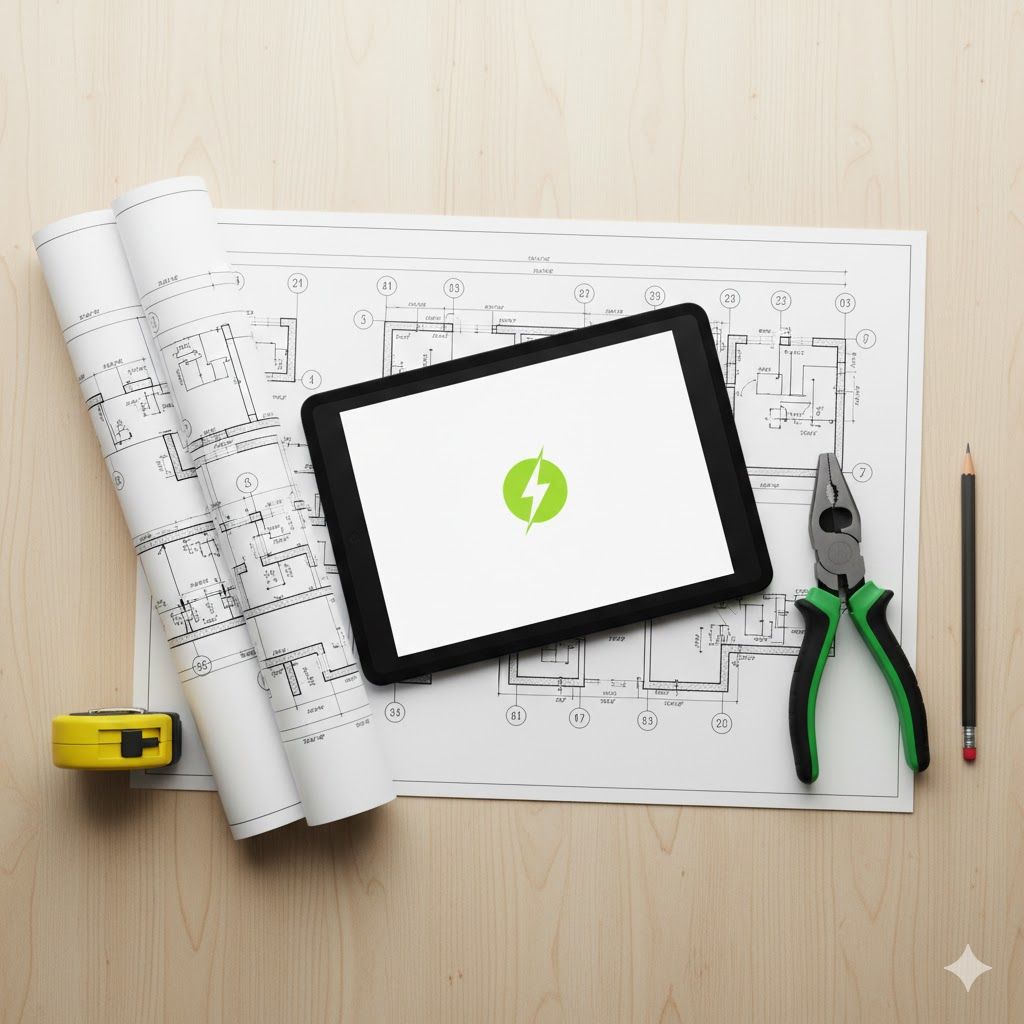Tablet with green electric bolt icon on architectural plans, surrounded by tools.