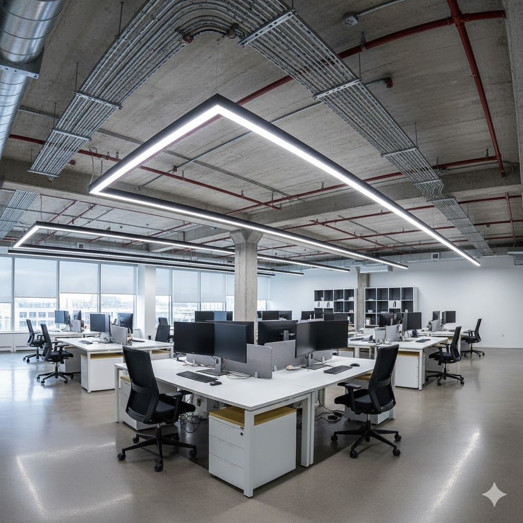 Modern office workspace with workstations and overhead lighting fixtures.