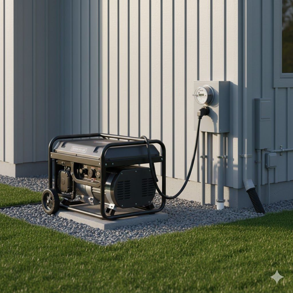 Generator connected to an electrical panel on the side of a white house.
