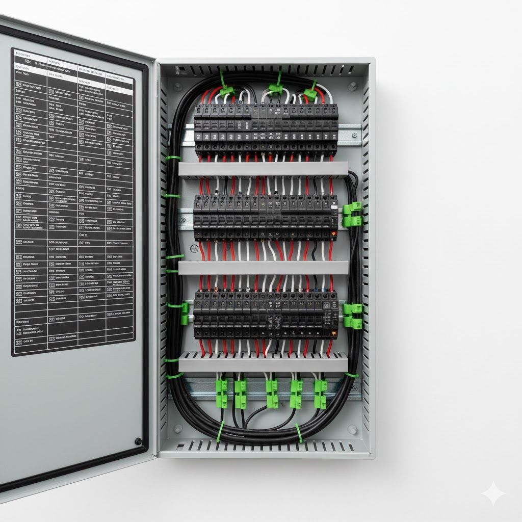 Open electrical panel with wires and terminal blocks. White wall.