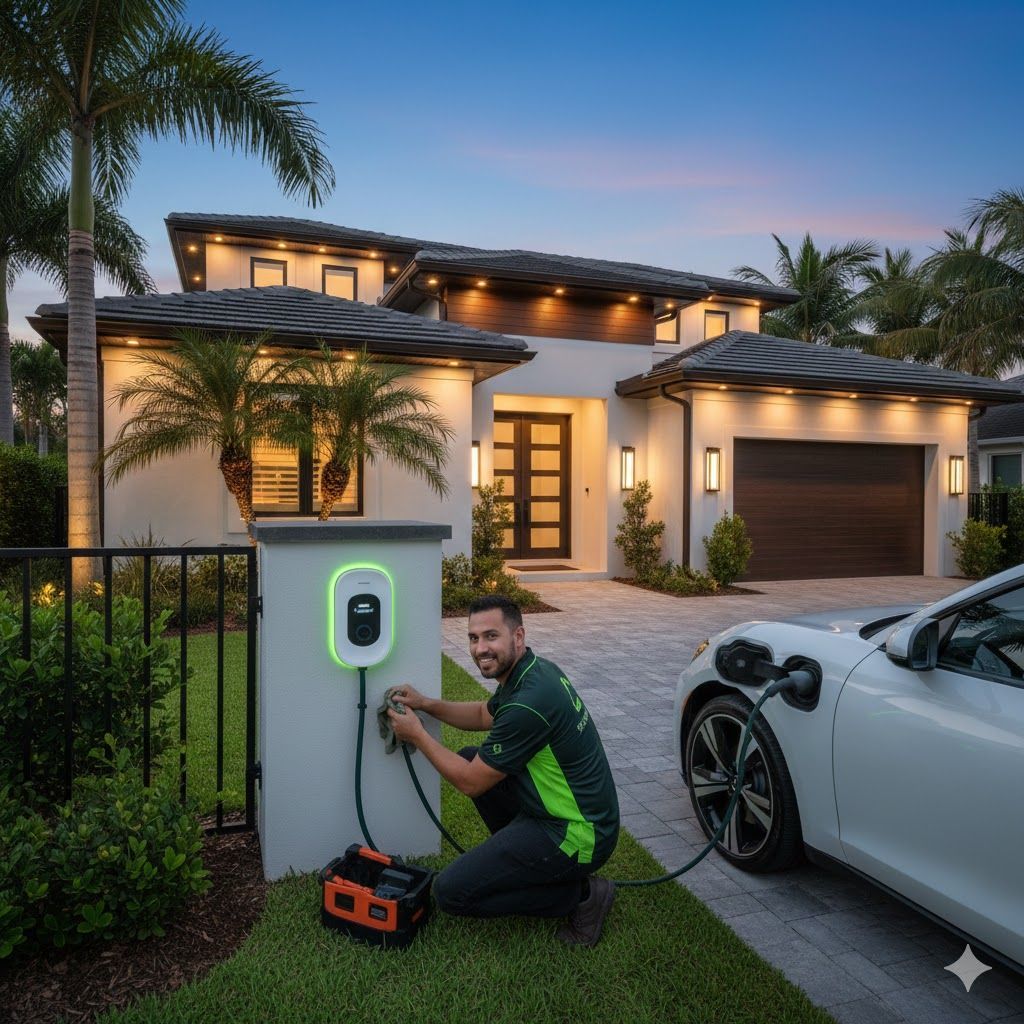 Man connects electric car charger to a white car outside a house at dusk. Green and white color scheme.