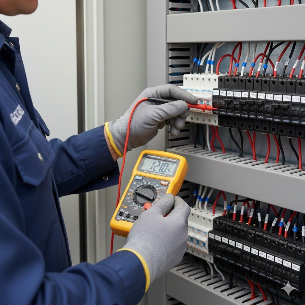 Electrician in blue uniform testing electrical panel with a multimeter. Grey gloves, wires, and yellow meter are visible.