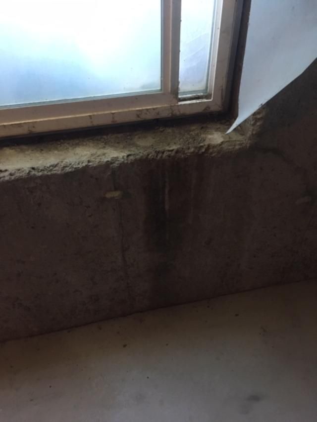 A close up of a window sill in a room with a concrete wall.
