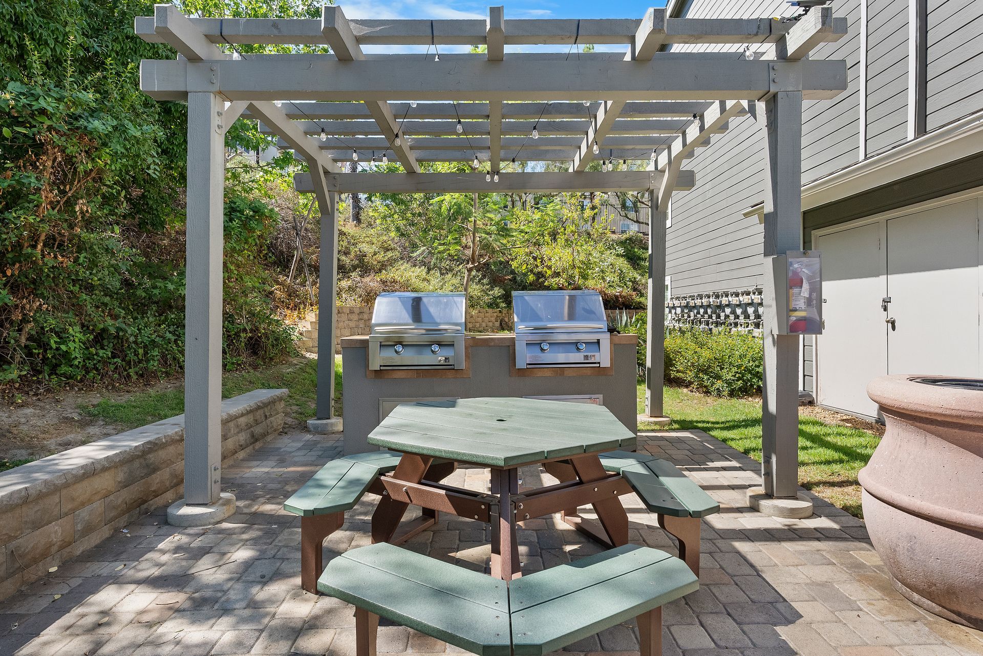 Picnic table and BBQ grills