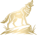 Golden wolf howling atop a rock, set against a white background.
