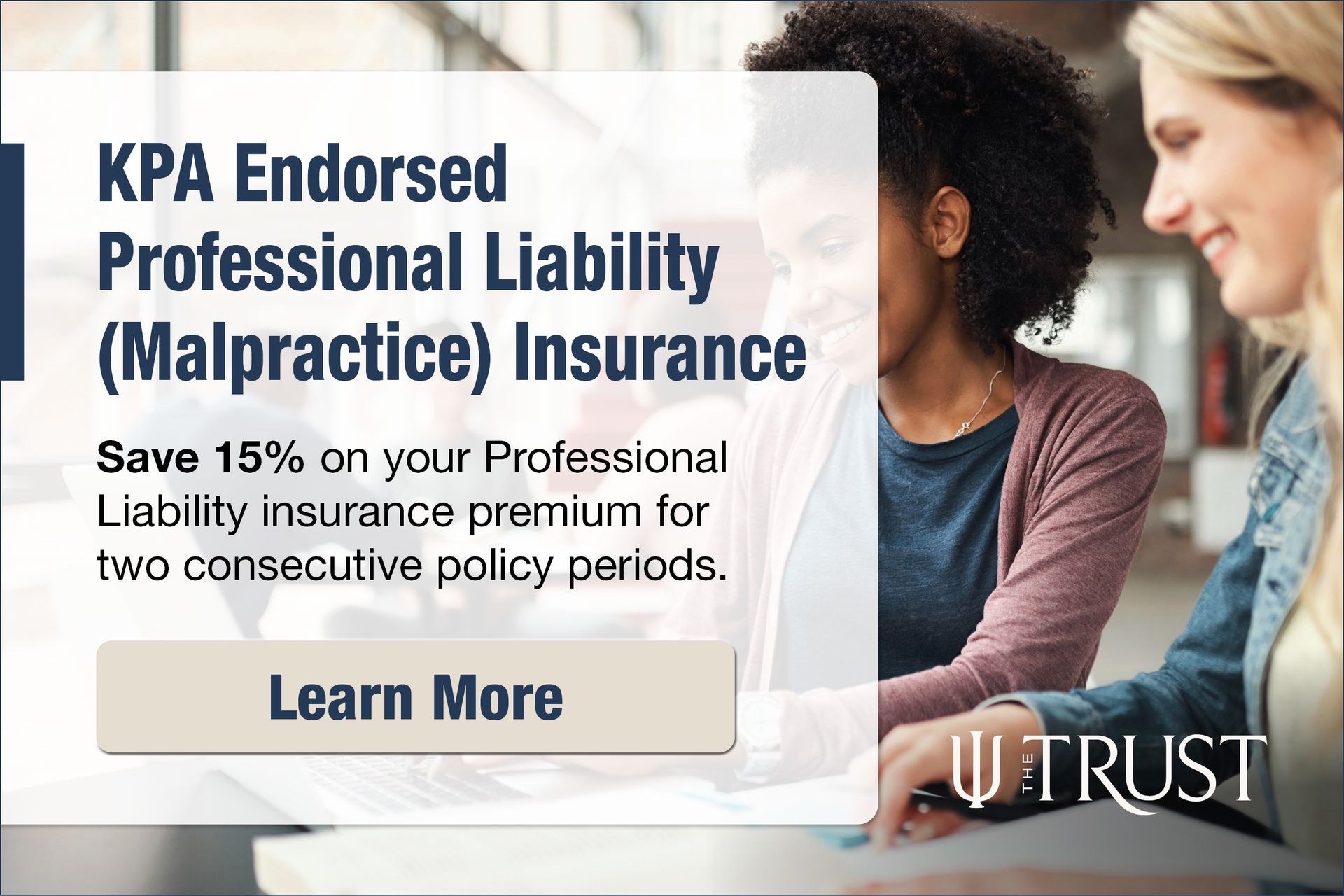KPA Endorsed professional liability insurance ad with “Save 15%” and Trust logo over people in office