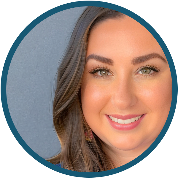 Smiling woman’s face in a circular teal frame on a white background