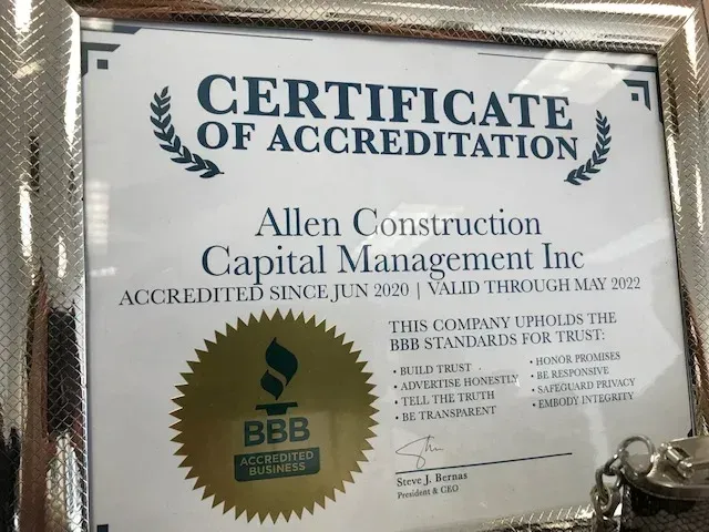 Certificate of Accreditation from BBB for Allen Construction Capital Management Inc, accredited since Jun 2020.