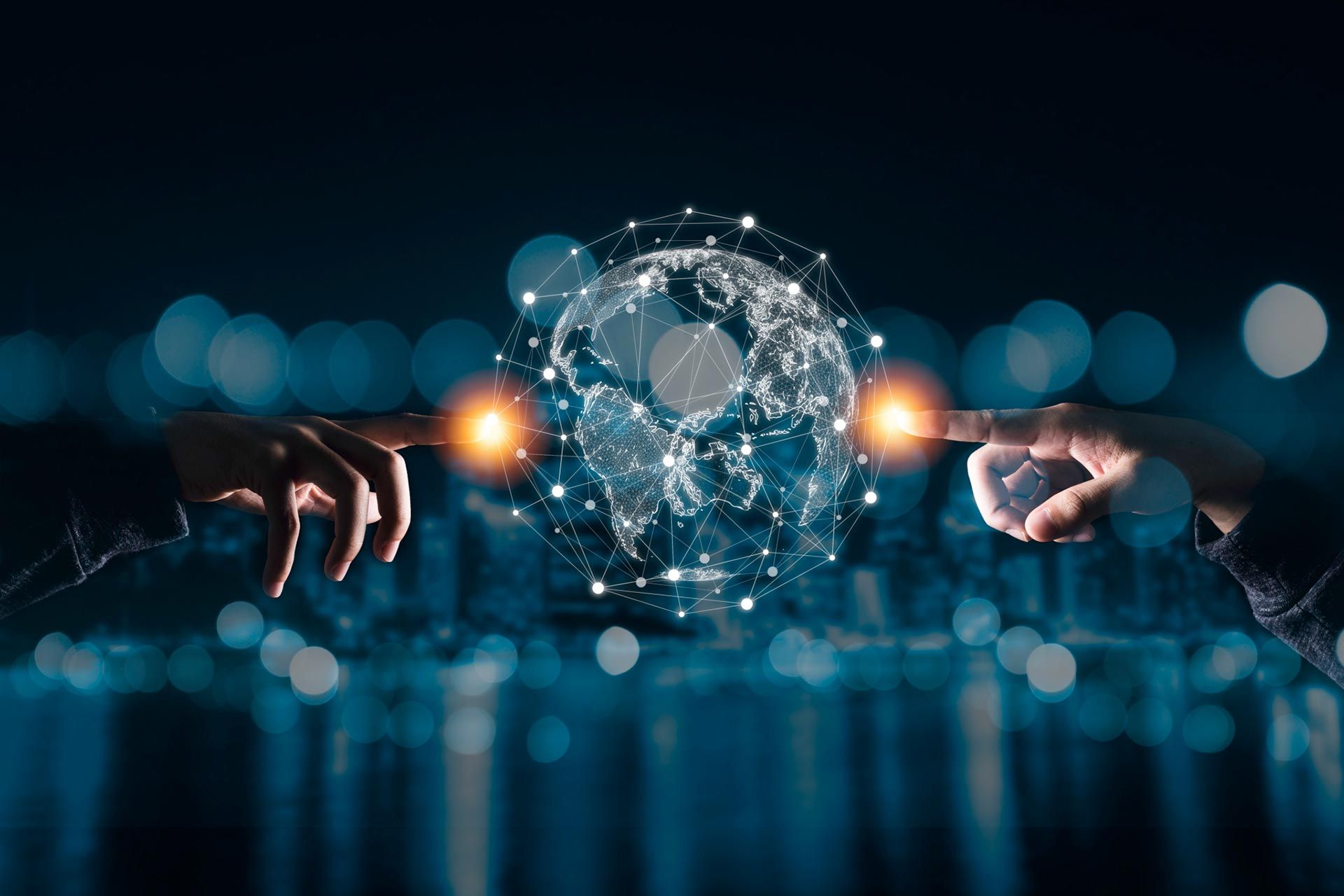 Hands touching a glowing digital globe connected by lines. The background has blurred city lights.