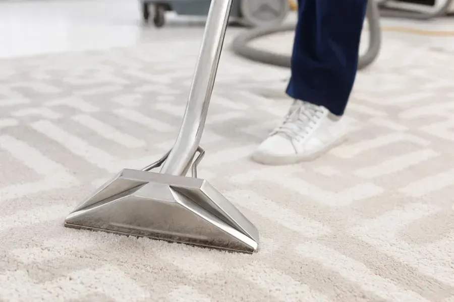 Person Vacuuming Light-coloured Carpet — Phil Lindfield's Big Red Carpet Cleaning In Hallidays Point, NSW
