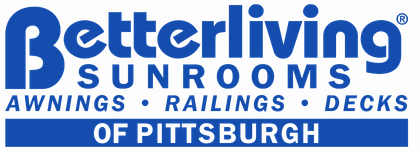 Logo for Betterliving Sunrooms of Pittsburgh, blue text on a white background, listing services including awnings, railings, and decks.