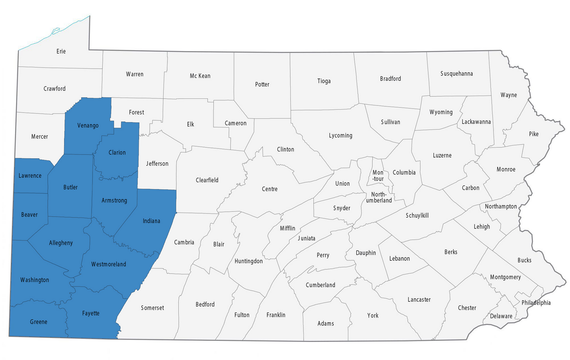 Map of Pennsylvania with the southwestern counties highlighted in blue.