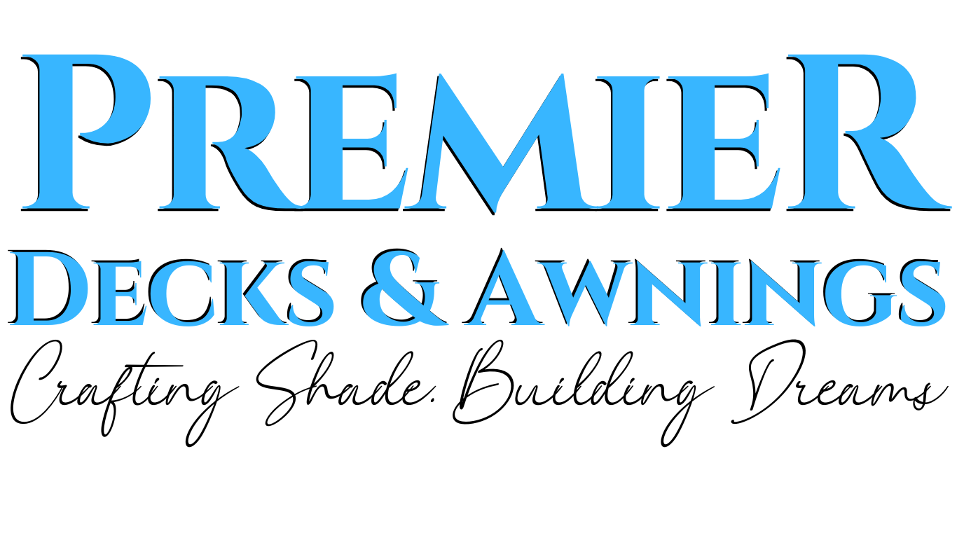 a blue and white logo for premier decks and awnings