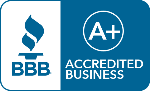 A blue and white bbb accredited business logo