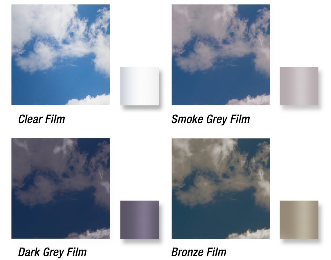 A picture of a cloudy sky with the words clear film smoke grey film dark grey film and bronze film