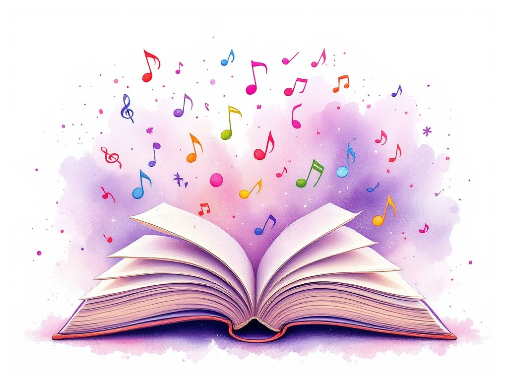 Magical open book illustration with colorful musical notes floating upward on purple watercolor background.