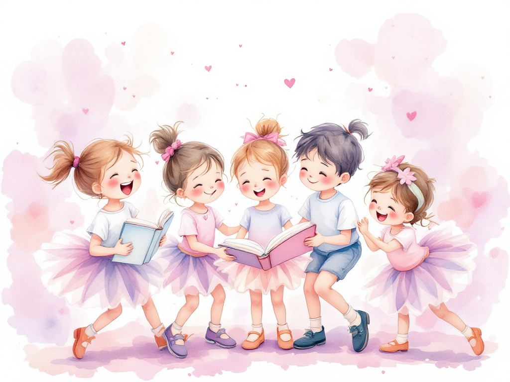 Joyful children dancing and playing, one wearing a pink tutu, watercolor illustration