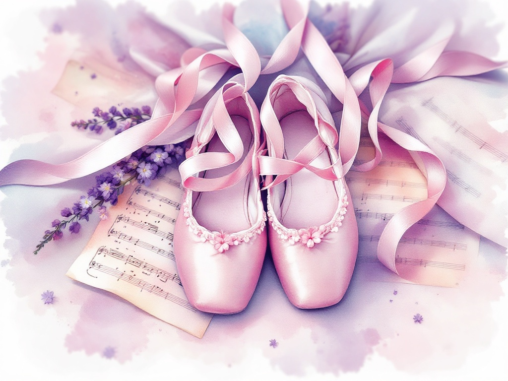 Pink ballet pointe shoes with sheet music background in soft lavender tones