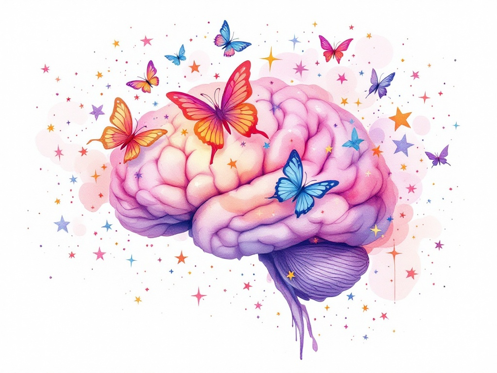 Watercolor brain illustration with colorful butterflies and stars in purple and pink tones