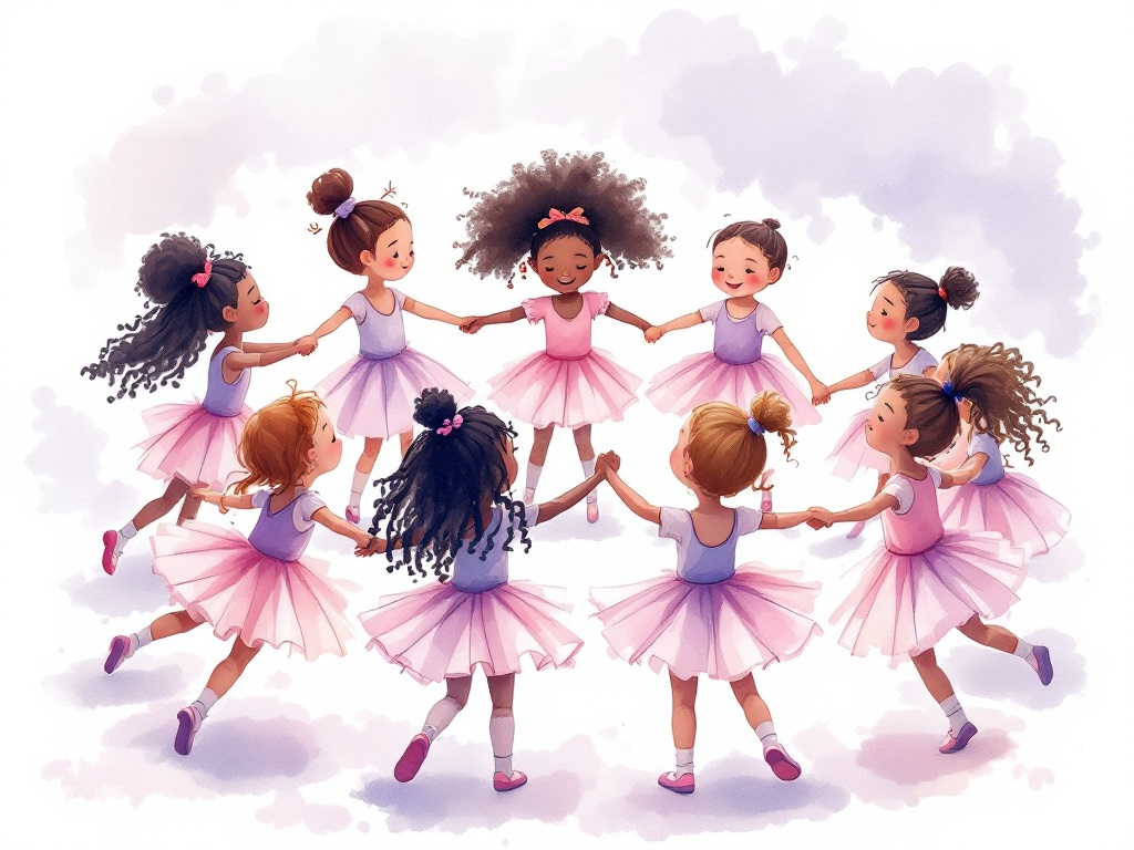 Diverse children dancing in tutus, watercolor illustration in soft purple and pink shades