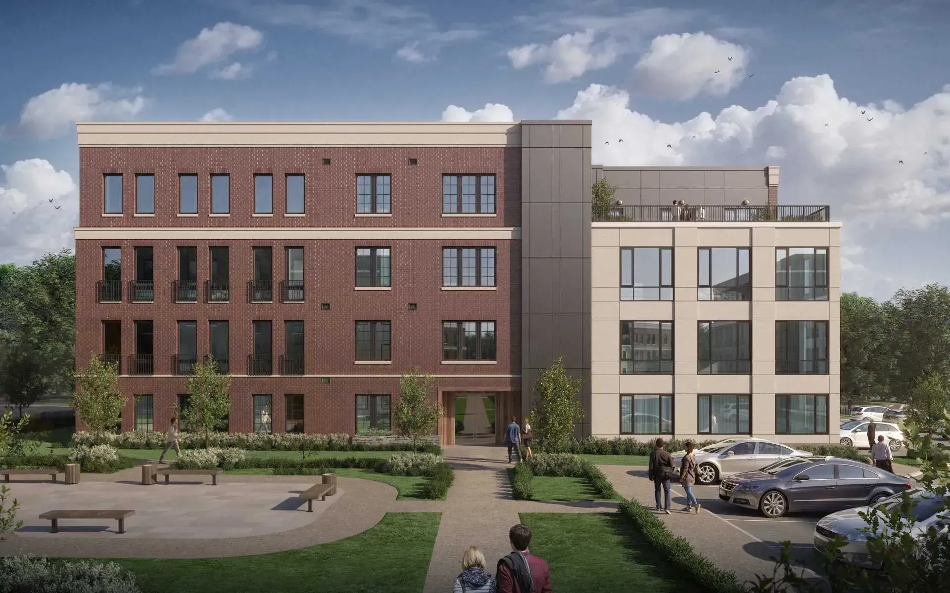 Brick and beige apartment building with landscaped yard and parked cars under a partly cloudy sky.