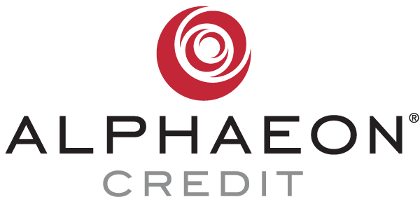 The logo for alphaeon credit is a red circle with a spiral in the middle.