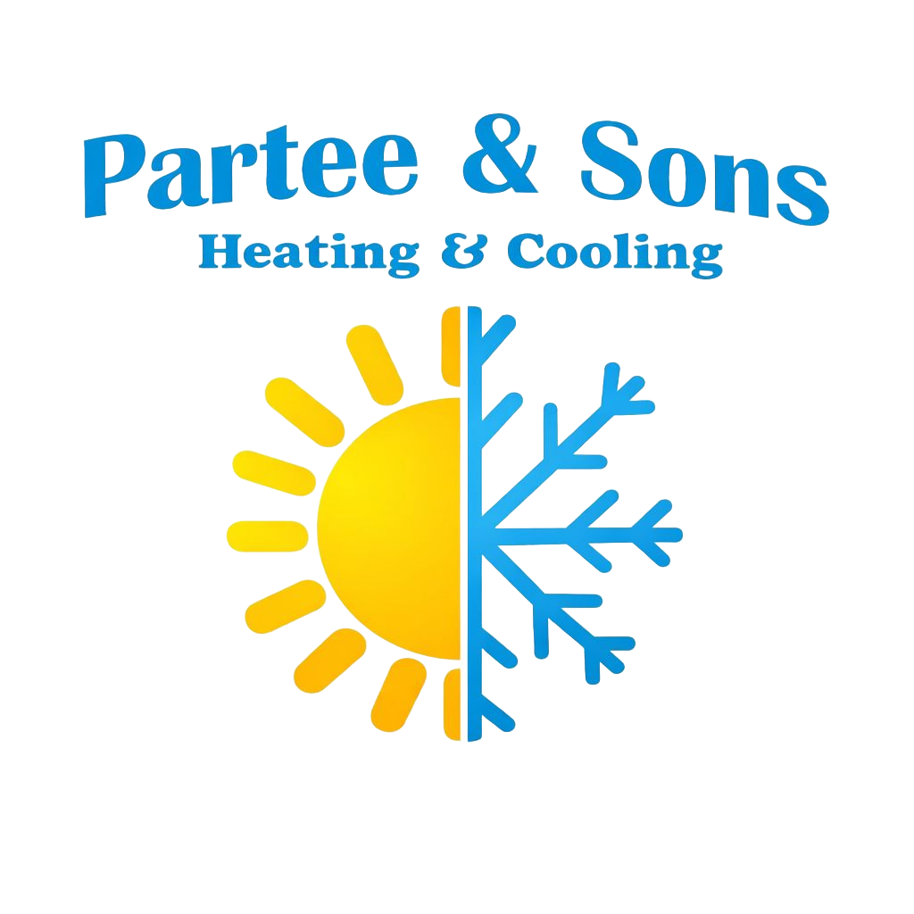 Partee & Sons Heating & Cooling logo with yellow sun and blue snowflake split icon