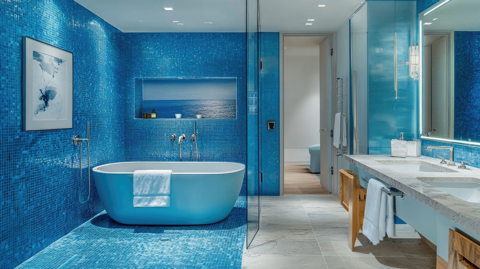 A bathroom with blue tiles and a blue tub.