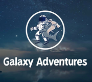 Astronaut in space holding a hammerhead shark. Logo for "Galaxy Adventures."