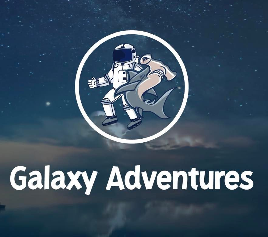 Astronaut in space holding a hammerhead shark. Logo for "Galaxy Adventures."
