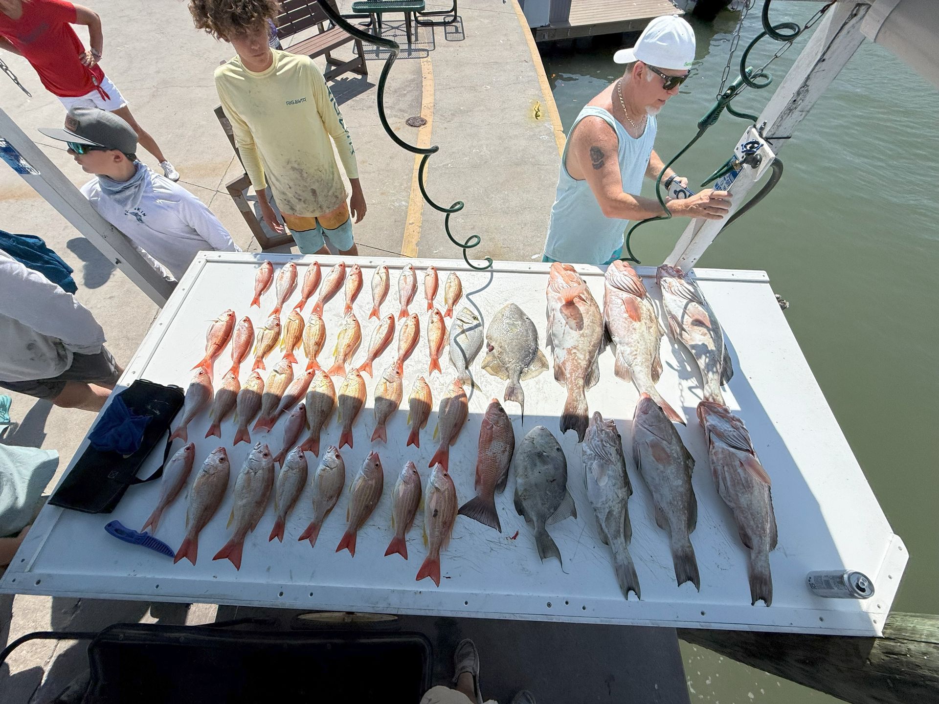 People on a pier with various caught fish laid out on a table for cleaning.