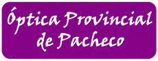 Logotipo con texto en letra cursiva blanca “Óptica Provincial de Pacheco” sobre fondo morado