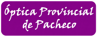 Logotipo con texto en letra cursiva blanca “Óptica Provincial de Pacheco” sobre fondo morado