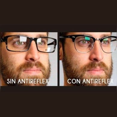 Primer plano comparativo de gafas que muestra el deslumbramiento sin y con recubrimiento antirreflectante.