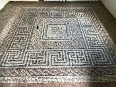 An intricate Roman mosaic floor featuring a central star, braided patterns, and geometric Greek key borders in stone.