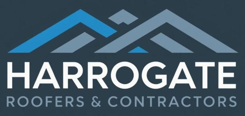 Logo for Harrogate Roofers & Contractors featuring a blue and grey stylized roof icon above the company name.