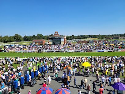 A large crowd gathers at an outdoor horse racing track on a sunny day with a prominent clock tower in the background.