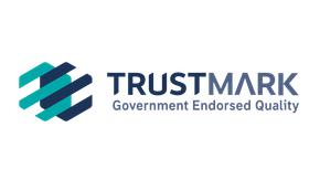 Trustmark logo: abstract geometric shape in blue and teal; text 