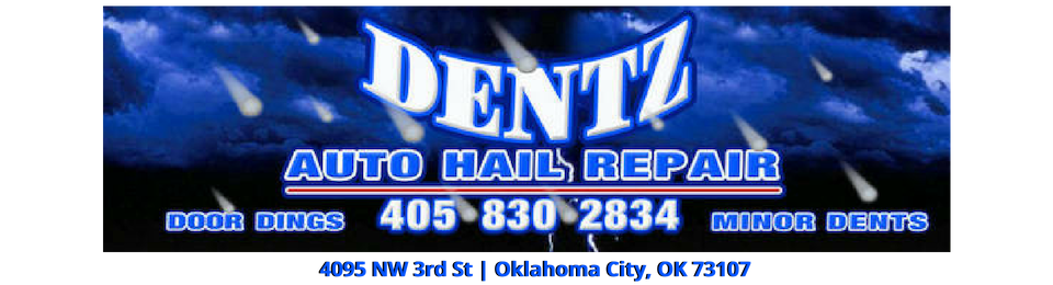 Blue &ldquo;Dent4 Auto Hail Repair&rdquo; banner with phone number and website on a cloudy background