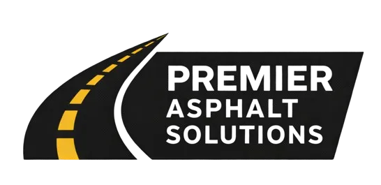 Logo for Premier Asphalt Solutions featuring a stylized black road with yellow dashed lines leading into a black sign shape.