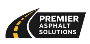 Logo for Premier Asphalt Solutions featuring a stylized black road with yellow dashed lines leading into a black sign shape.