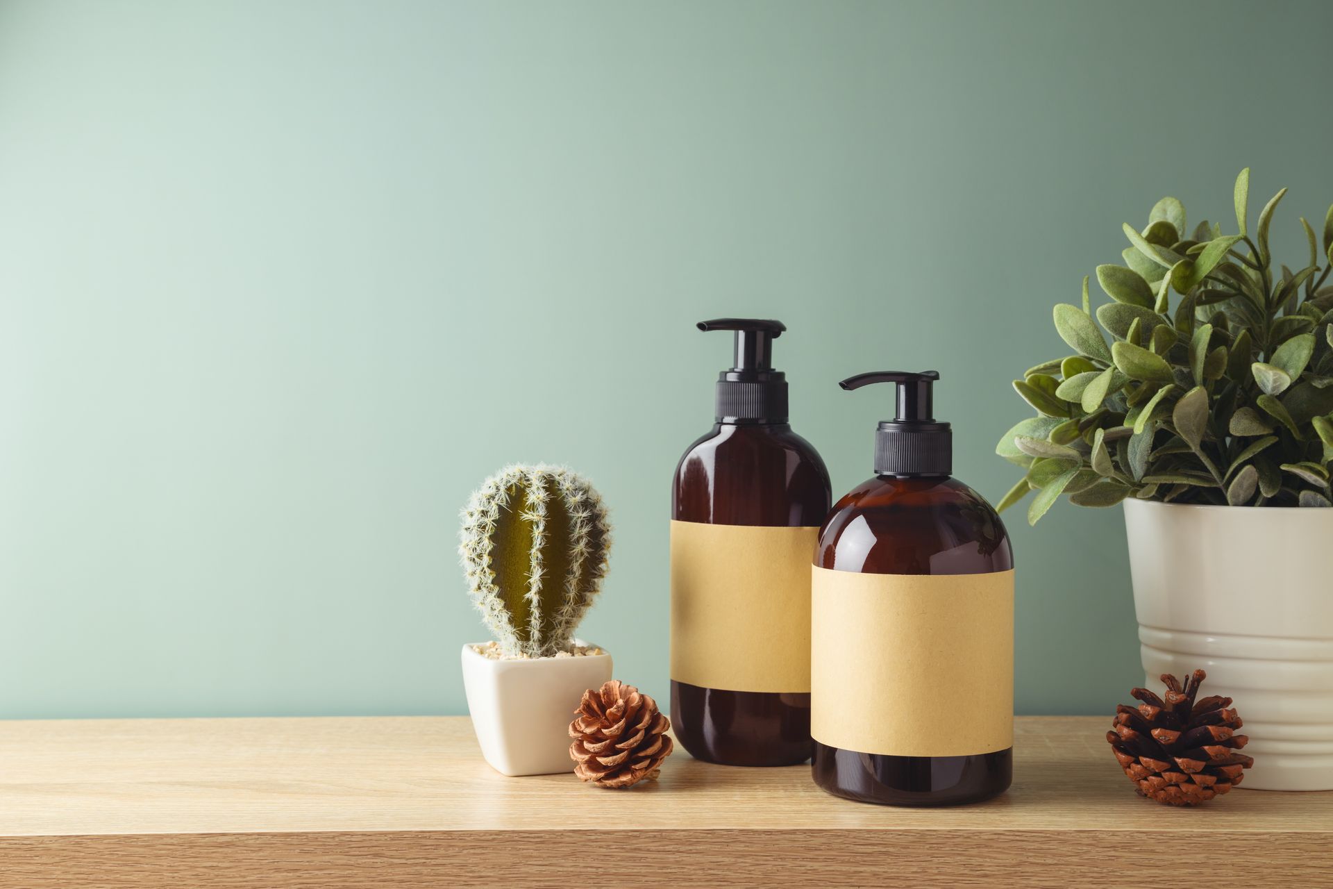 two bottles of shampoo and a cactus are on a wooden shelf .