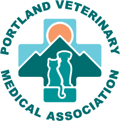 The portland veterinary medical association logo has a cross with a dog and a cat on it.