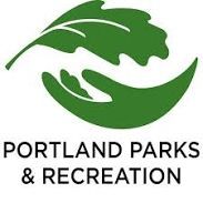 The logo for portland parks and recreation shows a hand holding a leaf.