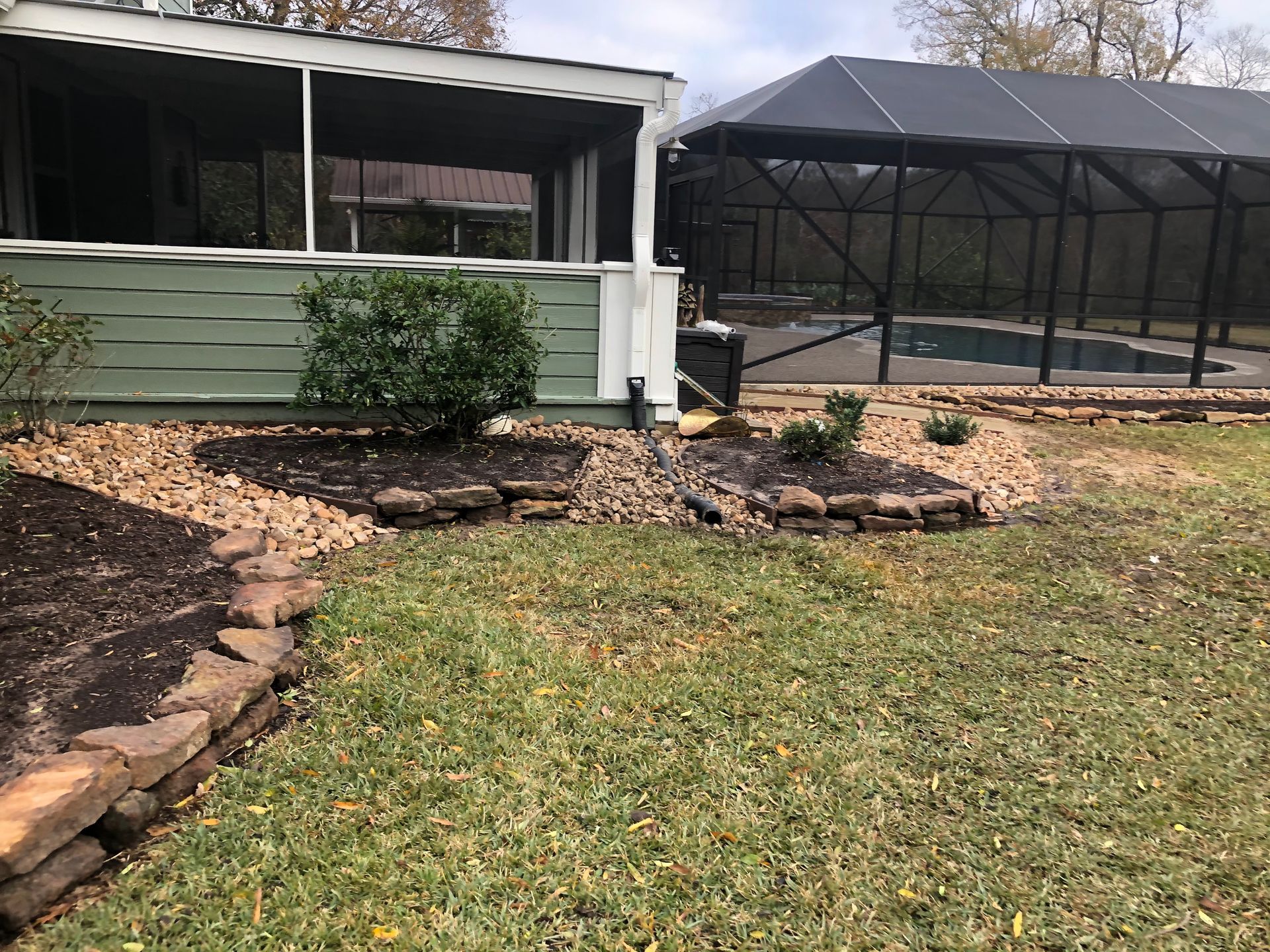 Backyard with screened pool, lawn, shrubs, and a light green house wall.